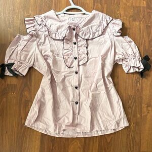 Women’s Pink Ruffle Cold-Shoulder Blouse